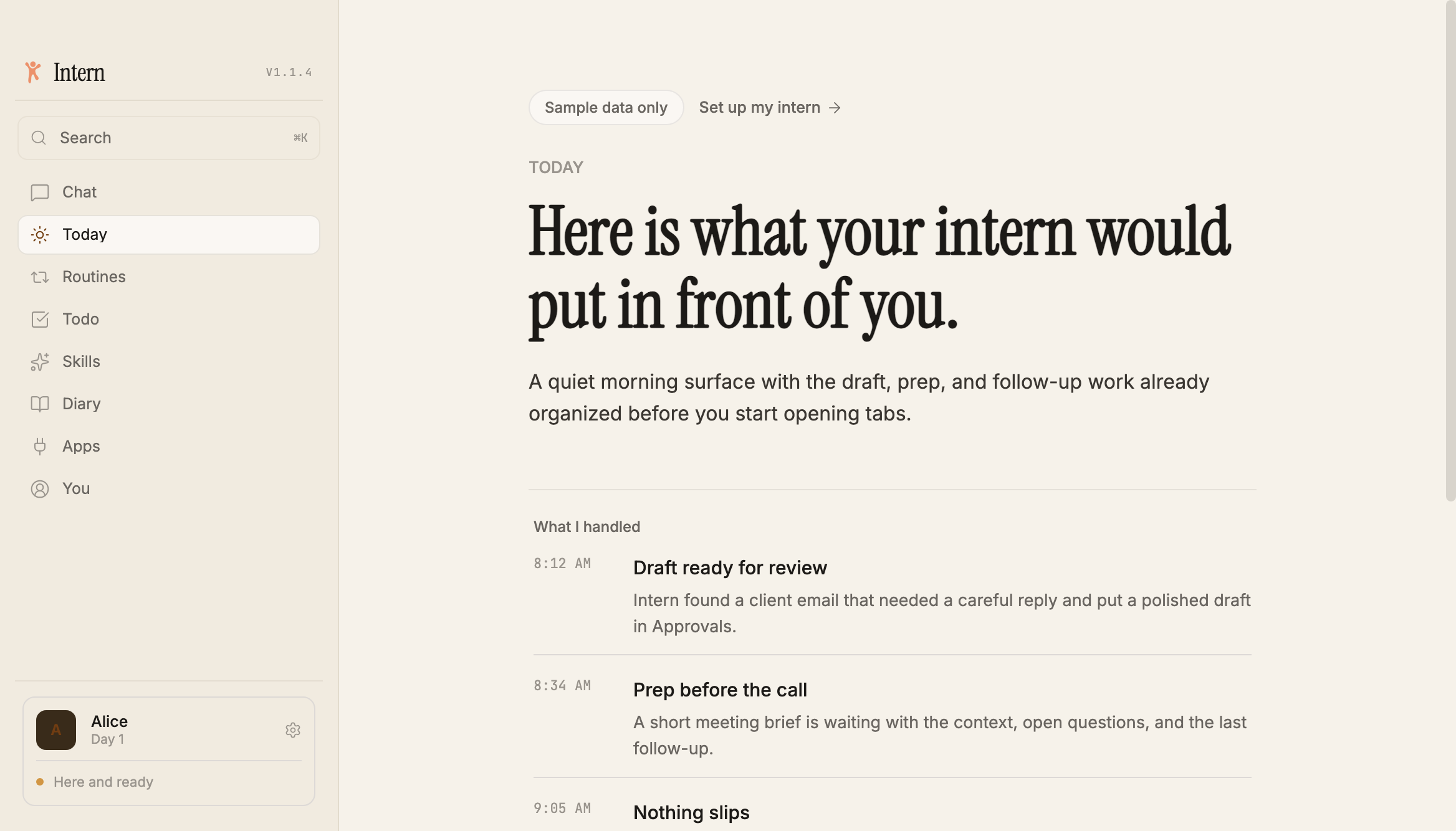 Intern Today desktop preview with sample follow-ups, handled work, and timeline
